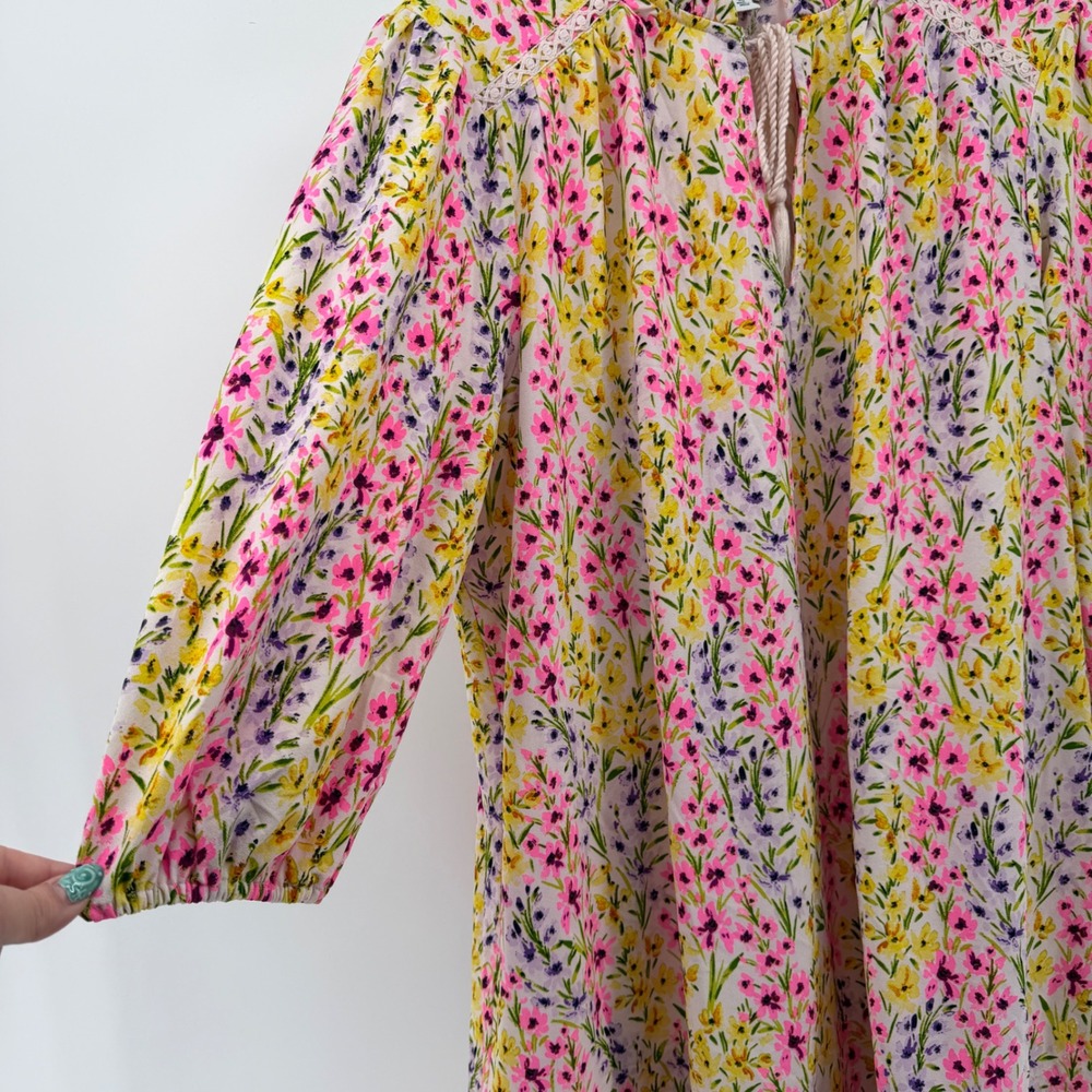 Crown & Ivy Womens 2X Pink Yellow Floral Ruffle Neck Tassel Shift Dress - Picture 4 of 7